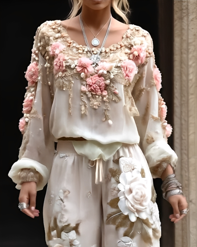 Women's Bohemian style floral embroidered long-sleeved top and pants two-piece set f424