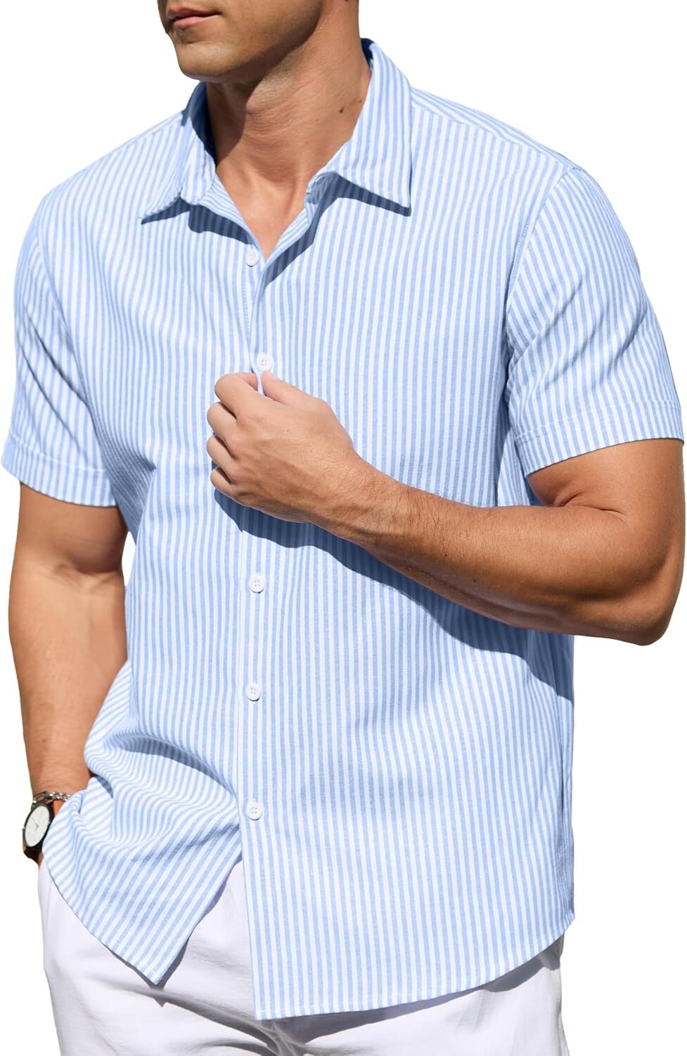 Men's Casual Button Down Shirts Short Sleeve Striped Cotton Beach Summer Vacation Shirt