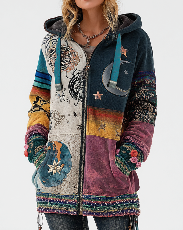 AUTUMN AND WINTER STAR AND MOON LONG-SLEEVED CONTRASTING COLOR HOODED JACKET 3d9b