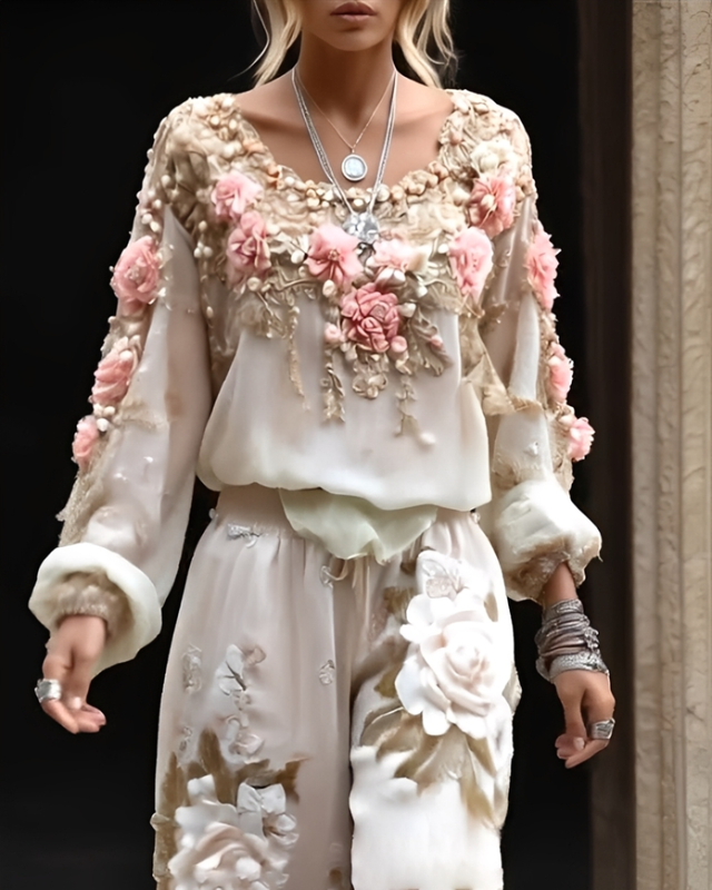 Women's Bohemian style floral embroidered long-sleeved top and pants two-piece set f424