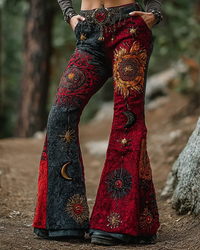 Women's Star and Moon Embroidered Contrast Color Stitching Pants af70