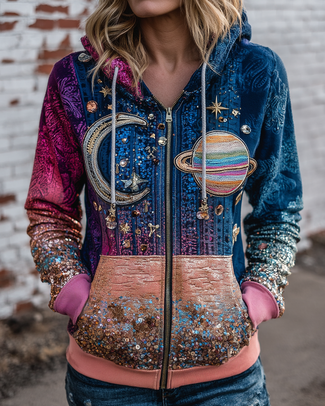Autumn and Winter Star and Moon Patchwork Hooded Contrast Color Sweatshirt Coat a021