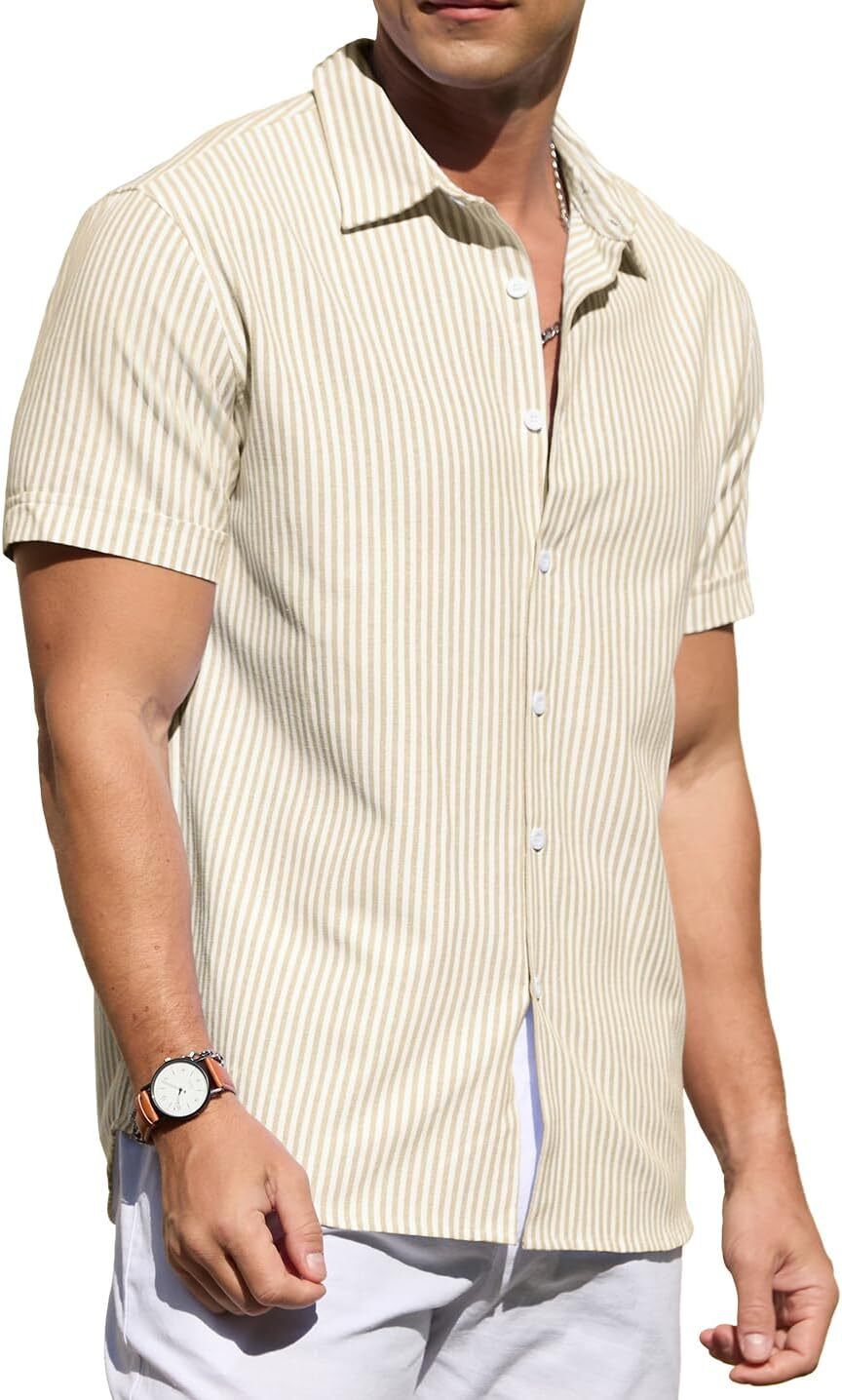 Men's Casual Button Down Shirts Short Sleeve Striped Cotton Beach Summer Vacation Shirt