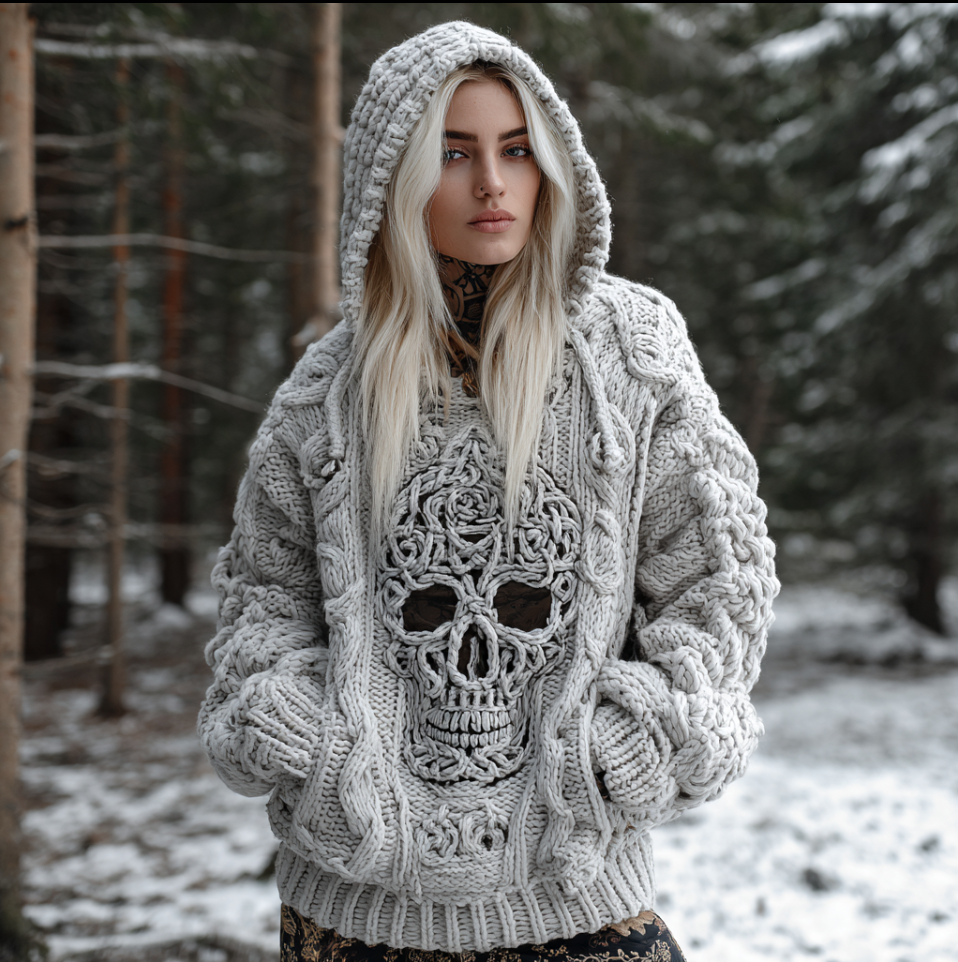 Halloween Skeleton Element Viking Style Women's Hooded Pullover Knit Sweater 44f5