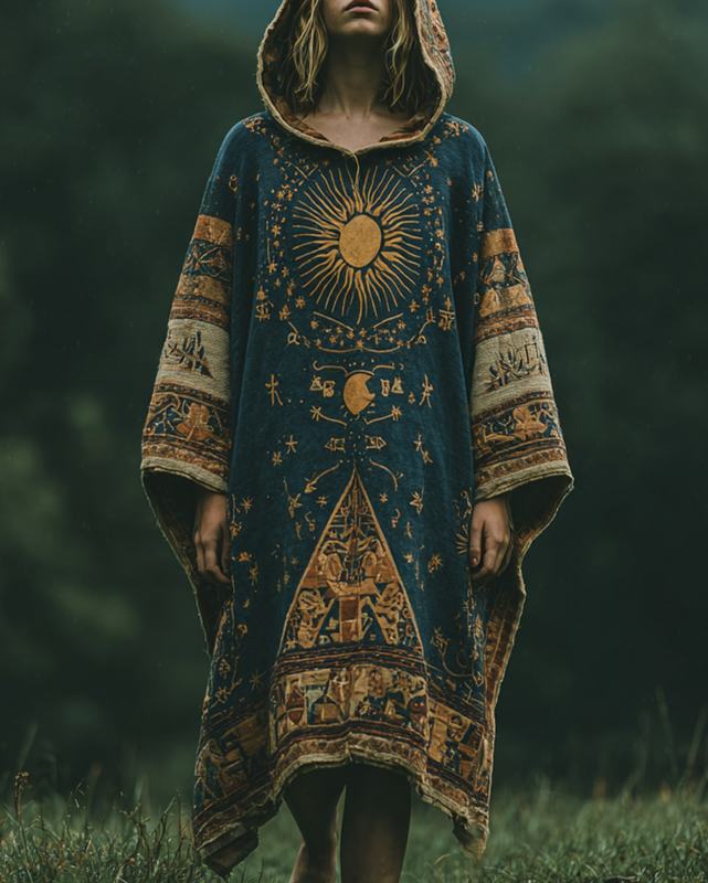 Women's star and moon embroidery contrast color stitching hooded kaftan 9dde
