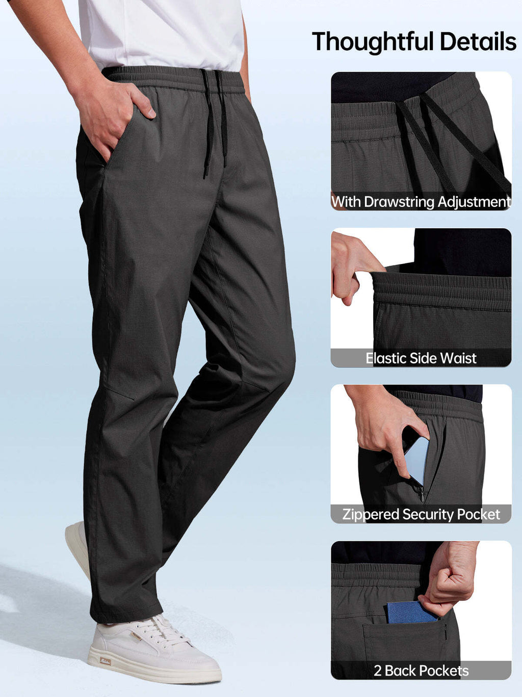 FREE SOLDIER Men's Elastic Waist Lightweight Water Resistant Quick-Dry Hiking Outdoor Sweatpants Pants