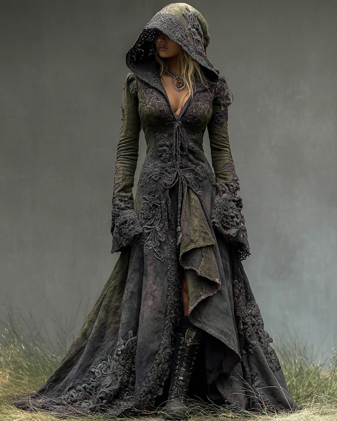 Halloween themed gradient lace patchwork ruffled hooded dress 7acc