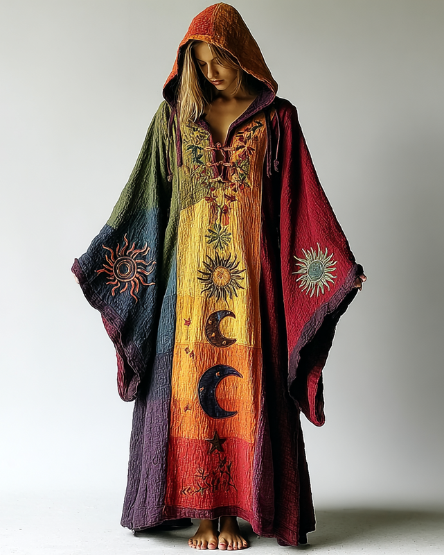 Women's star and moon embroidery contrast color stitching hooded kaftan 6891