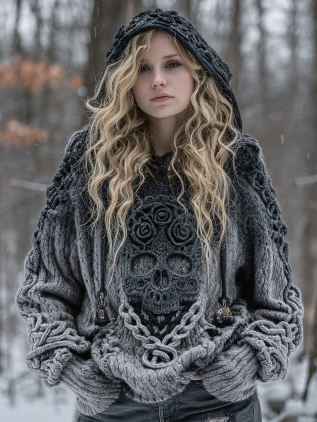 Women's Vintage Viking Tribal Celtic Skull Gradient Art Chunky Knit Hooded Sweater 9d09