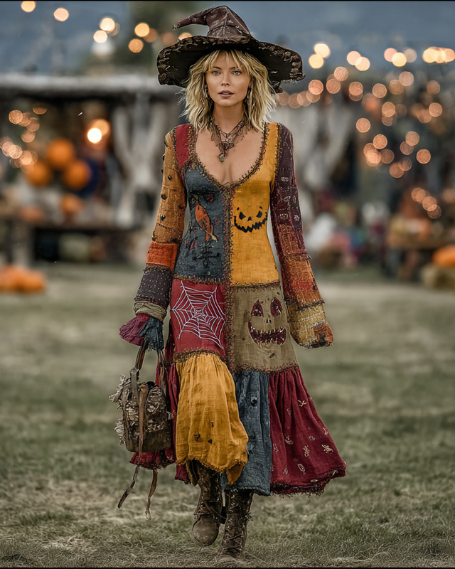 Halloween Themed Embroidery Contrast Patchwork Dress  3bee