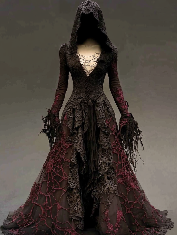 Halloween themed embroidered irregular lace patchwork hooded dress 204a