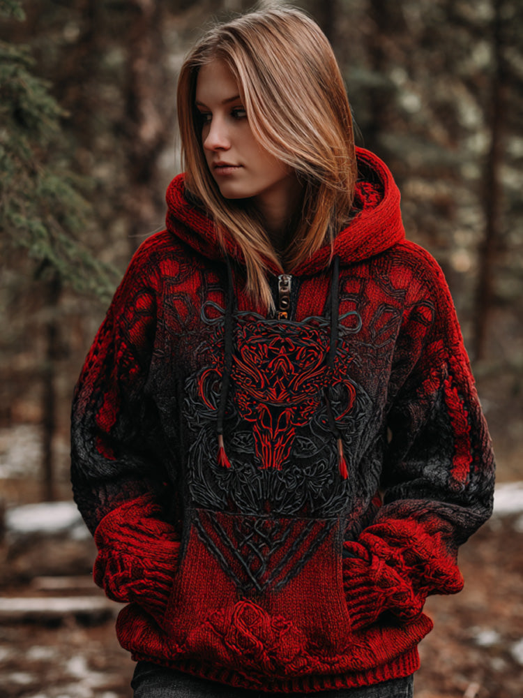 Women's Vintage Viking Tribal Celtic Skull Gradient Art Chunky Knit Hooded Sweater df3c