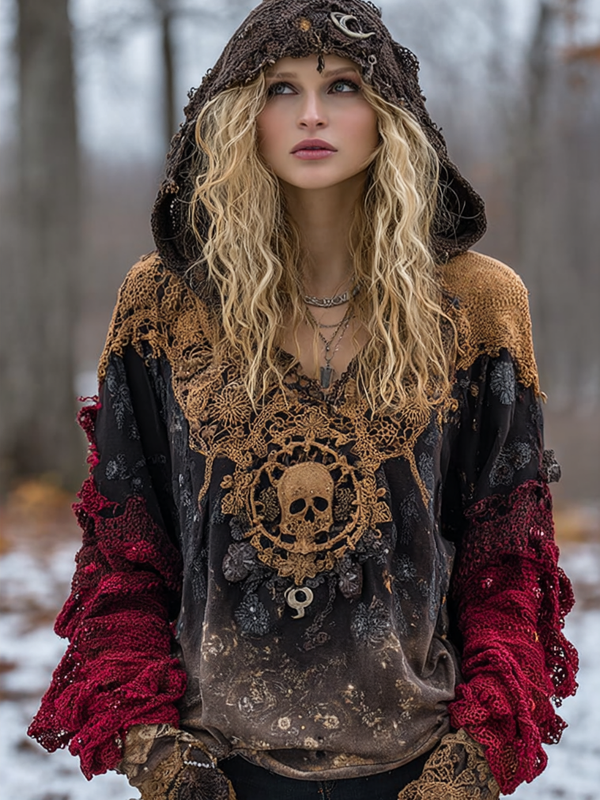 Autumn and Winter Star and Moon Patchwork Hooded Contrast Color Sweatshirt 0c4c