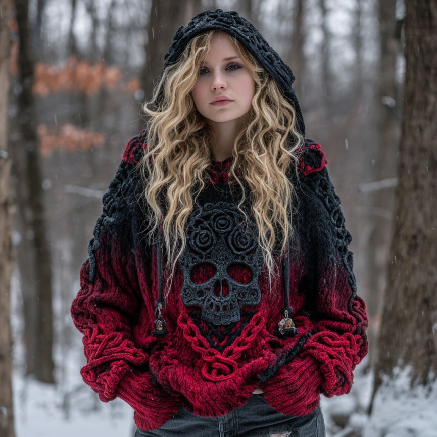 Women's Vintage Viking Tribal Celtic Skull Gradient Art Chunky Knit Hooded Sweater 9d09