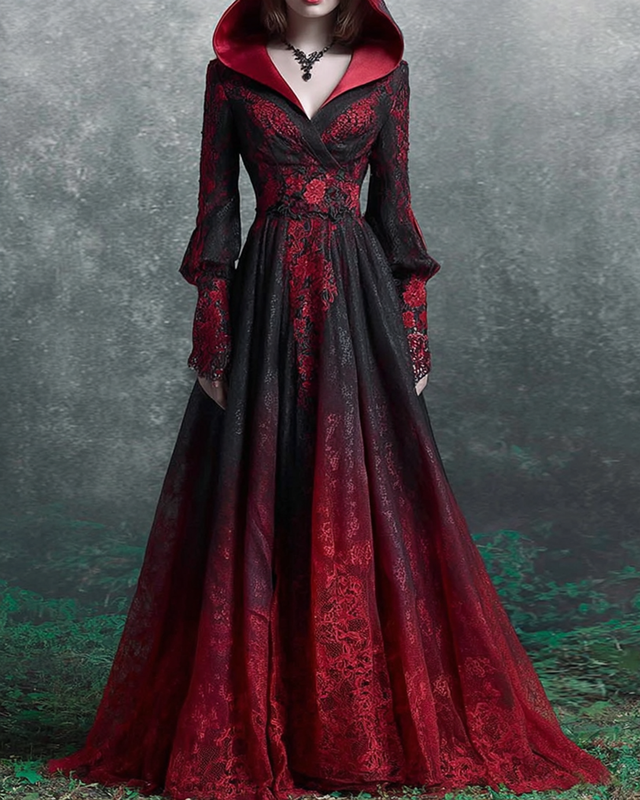 Halloween Themed Irregular Lace Patchwork Hooded Dress 62f4