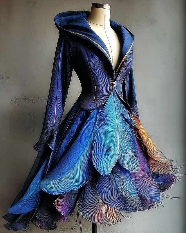 Peacock Feather Embroidered Cape Hooded Dress 5af2