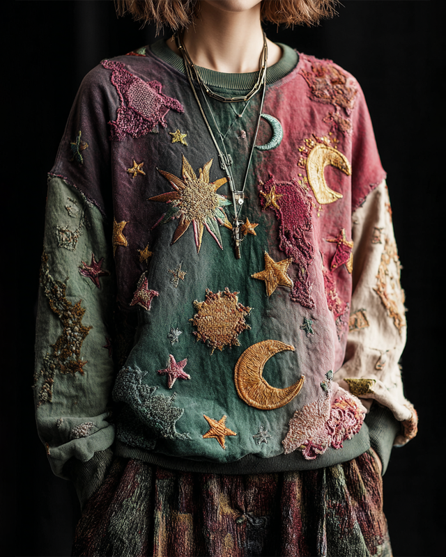 Women's Summer Vacation Floral Embroidered Linen Patchwork Long Sleeve Top  c918