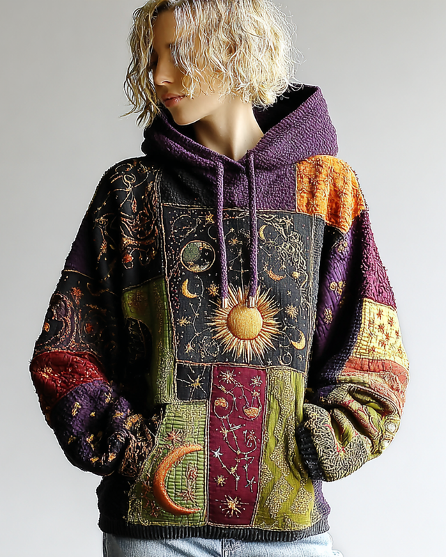 Women's Star and Moon Embroidery Contrast Color Stitching Hooded Sweatshirt 1fe5