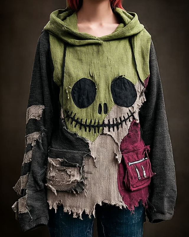 Halloween Spooky Face Patchwork Sewn Contrasting Pocket Ribbed Hooded 681a