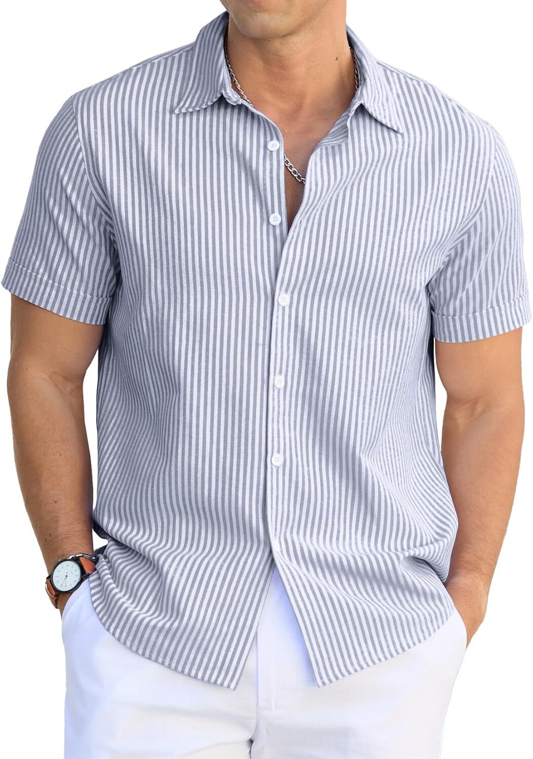 Men's Casual Button Down Shirts Short Sleeve Striped Cotton Beach Summer Vacation Shirt