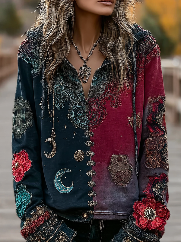 Autumn and Winter Star and Moon Patchwork Hooded Contrast Color Sweatshirt 7f10