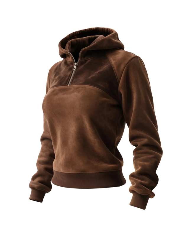 Outdoor women's casual 1/4 zip suede contrast color stitching hooded sweatshirt retro western style sweatshirtb78b