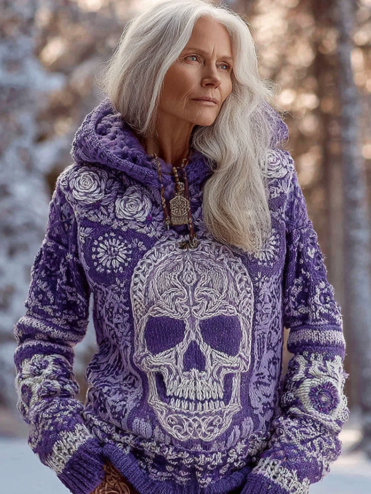 Halloween Skeleton Element Viking Style Women's Hooded Pullover Knit Sweater a27c
