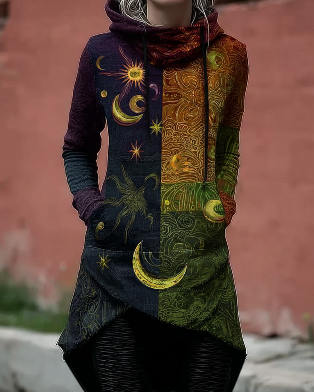 Women's Star and Moon Embroidery Contrast Color Stitching Irregular Hem Design Hooded Sweatshirt 299a