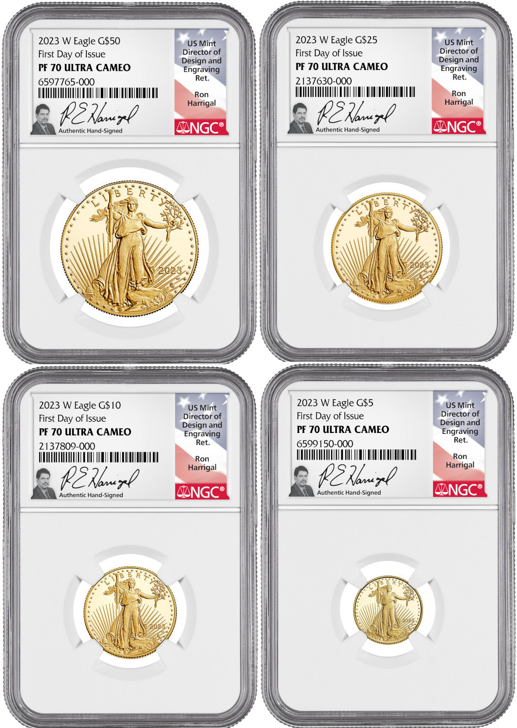2023-W Gold Eagle 4-Coin Set FDI NGC PF70 Ultra Cameo Ron Harrigal Signed