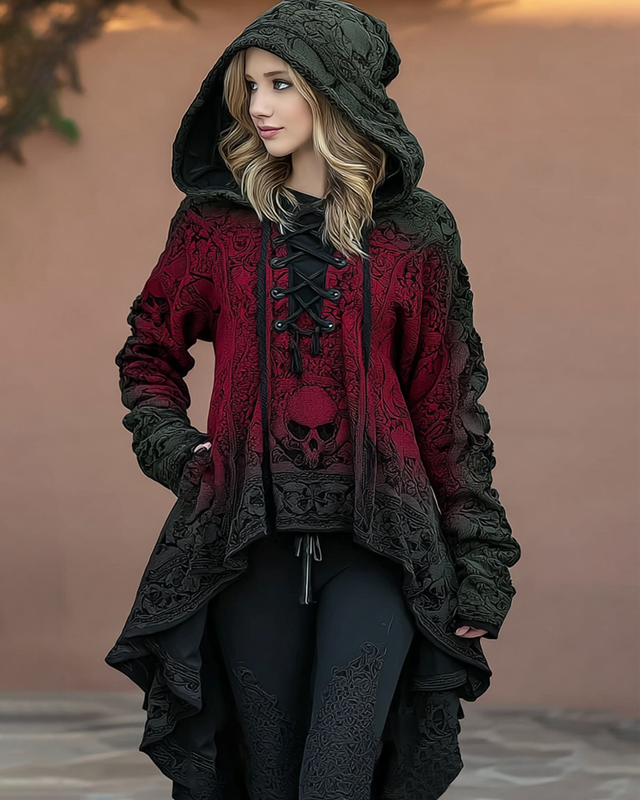 Women's skull embroidered irregular hem hooded sweatshirt d2b2