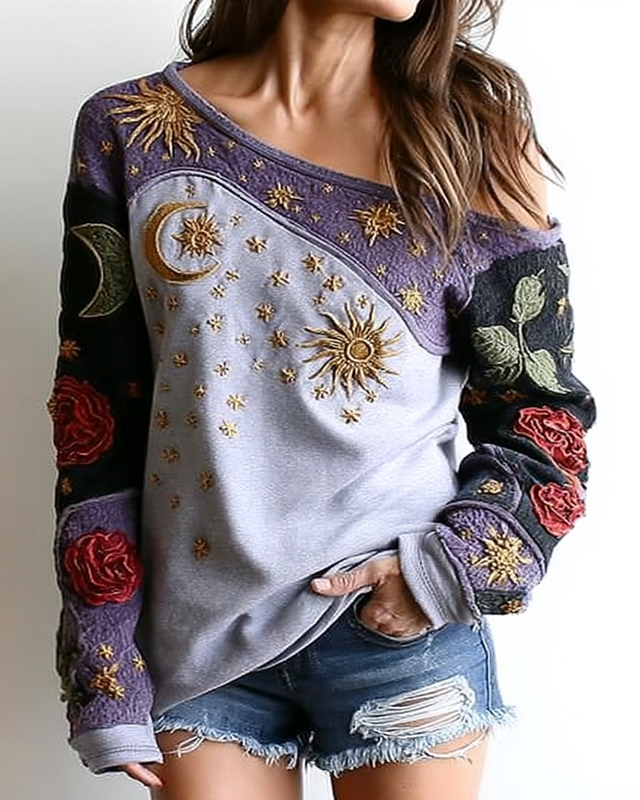 Women's star and moon embroidered contrasting color stitching knitted off-shoulder top 41eb