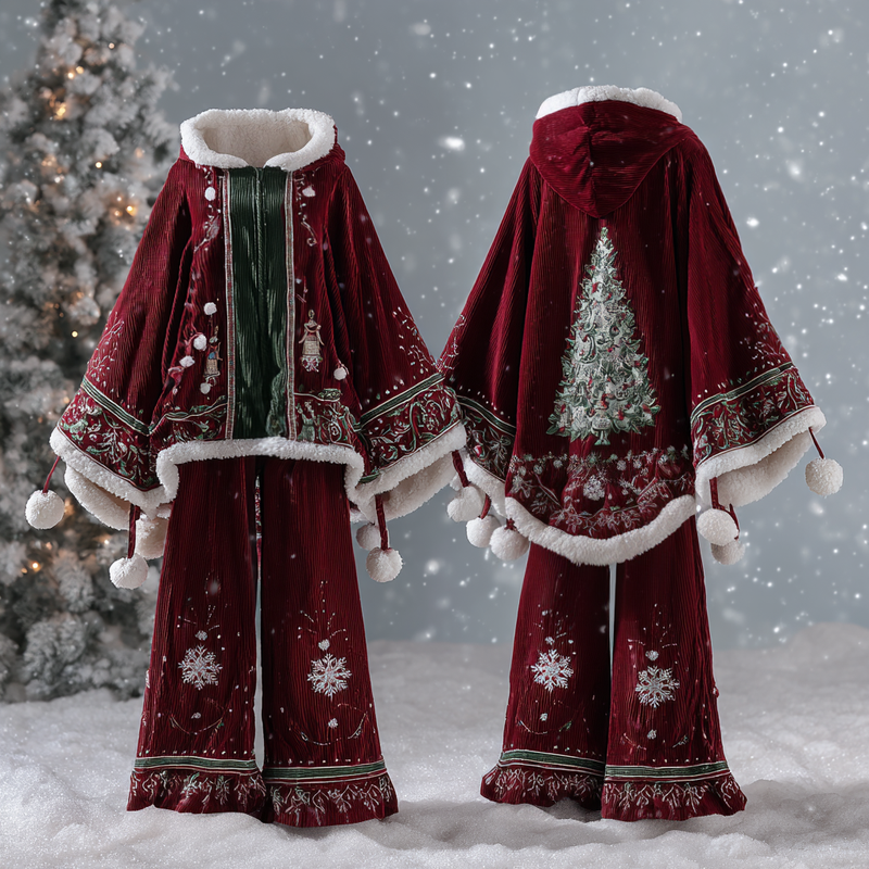 CHRISTMAS THEMED ELEGANT CONTRAST COLOR KNITTED HOODED CLOAK+PANTS SET a24a
