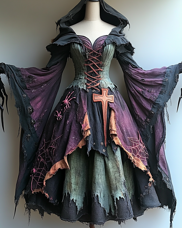 Women's Halloween Bat Wing Sleeve Contrast Color Exaggerated Dress 3c80