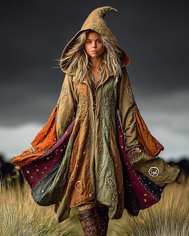Star And Moon Themed Embroidery Contrast Patchwork Hooded Witch Dress  7cee