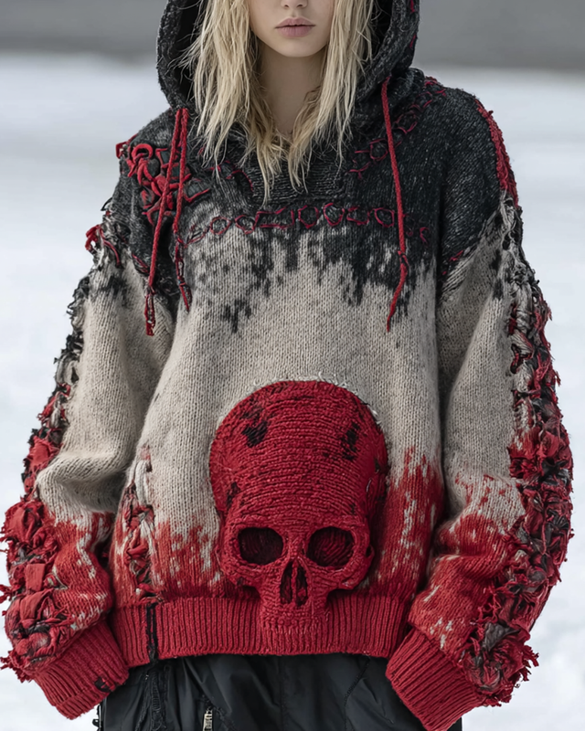 Halloween Themed Gradient Skull Embroidered Knitted Hooded Sweater 183a