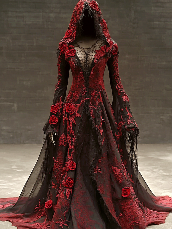 Halloween themed embroidered irregular lace patchwork hooded dress d5e9