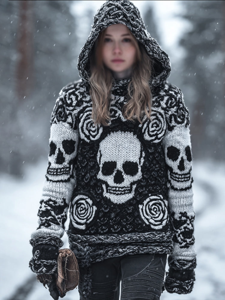 Women's Vintage Three-dimensional Skull Rose Black And White Warm Hooded Sweater 28d3