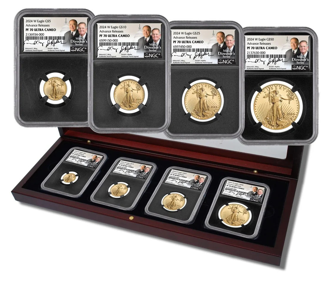 2024 W 4-PC GOLD EAGLE PROOF SET NGC PF70 ADVANCE RELEASES HAND SIGNED BY U.S. MINT DIRECTORS ED MOY & DAVID RYDER