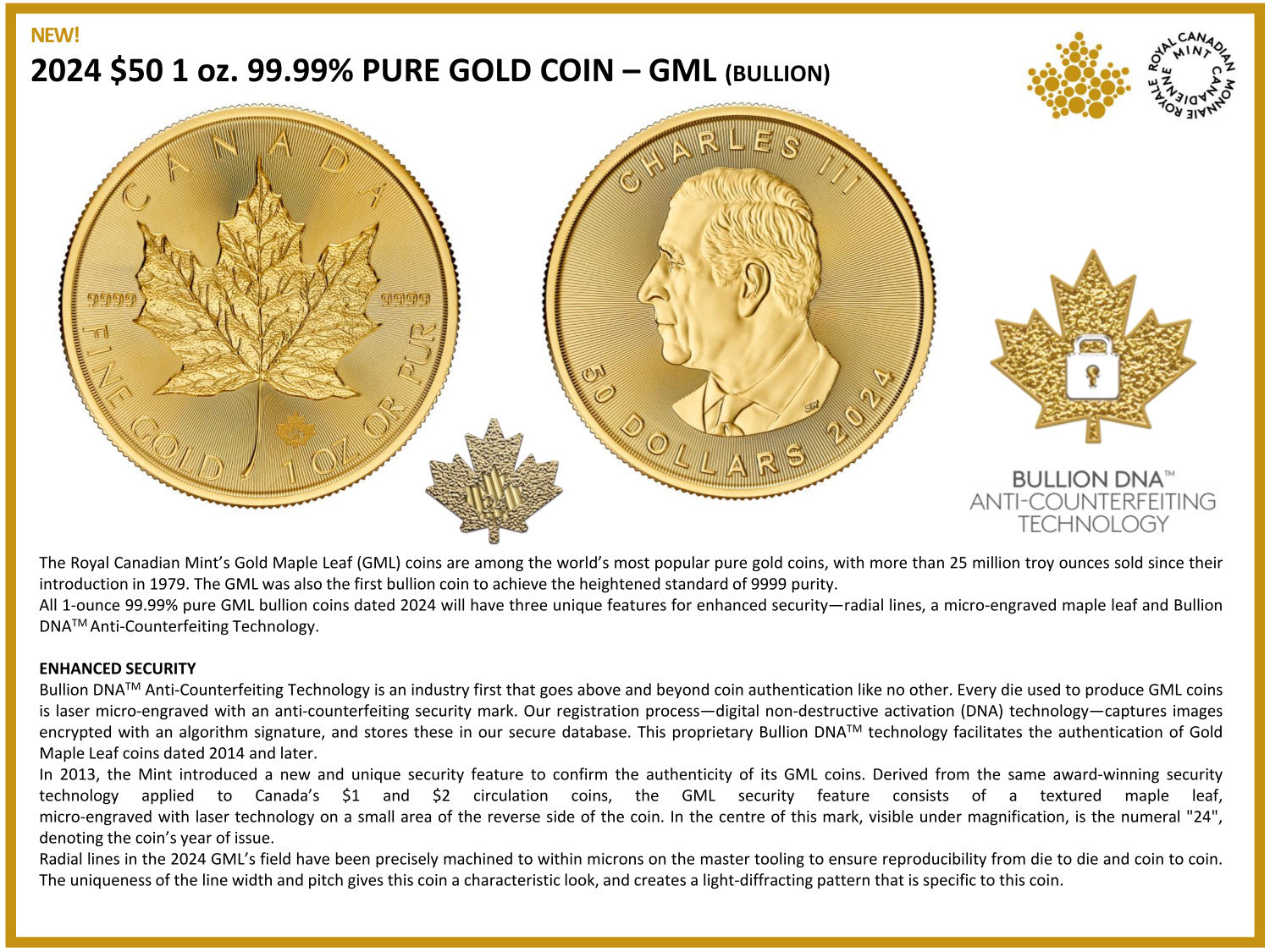 2024 1 OZ CANADIAN GOLD MAPLE LEAF—gift