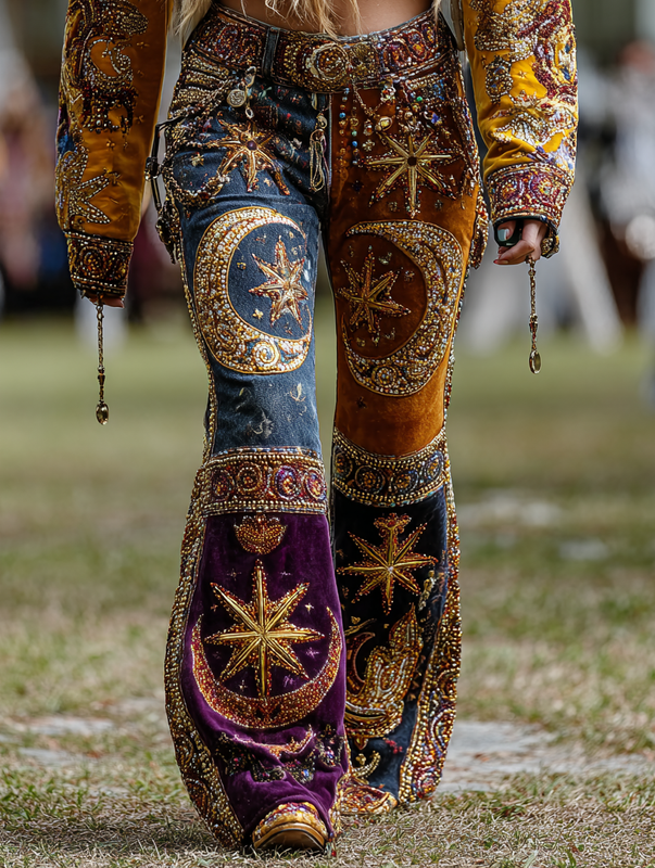 Autumn Color-Contrast Star and Moon Patchwork Color-Contrast Pants 8d5e