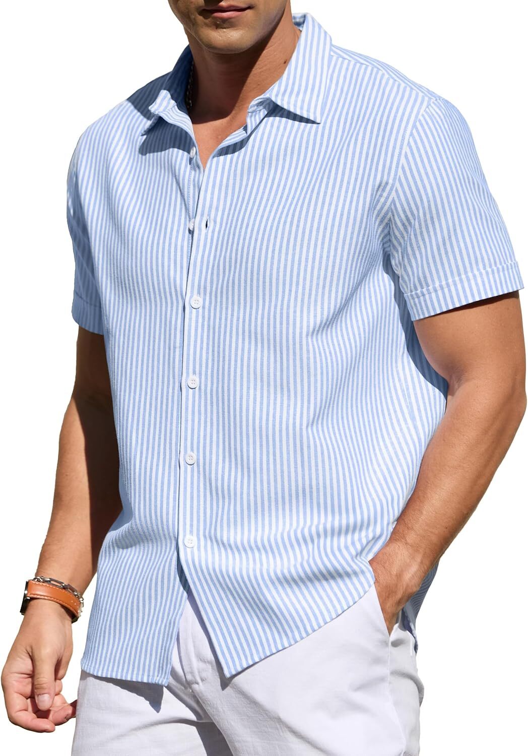 Men's Casual Button Down Shirts Short Sleeve Striped Cotton Beach Summer Vacation Shirt
