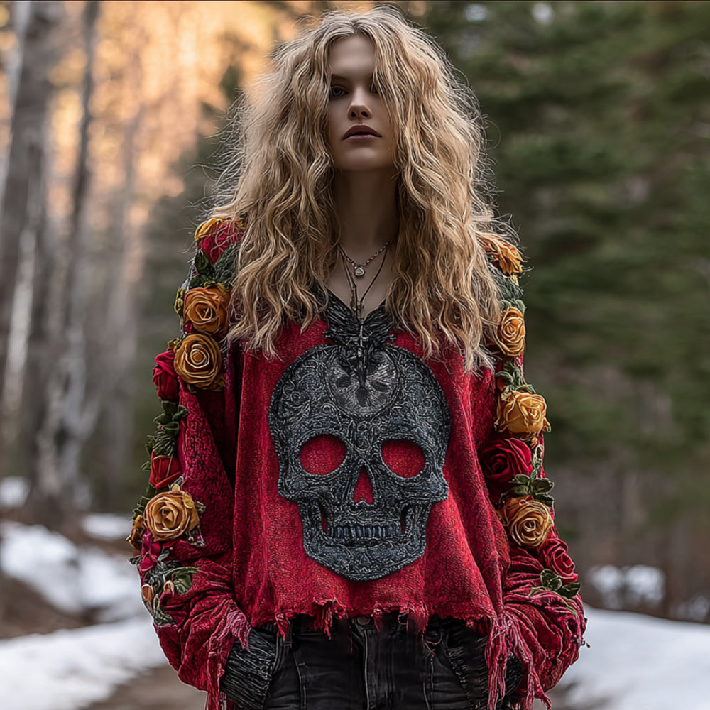 Women's Vintage Skull-print Distressed V-neck Top eed3