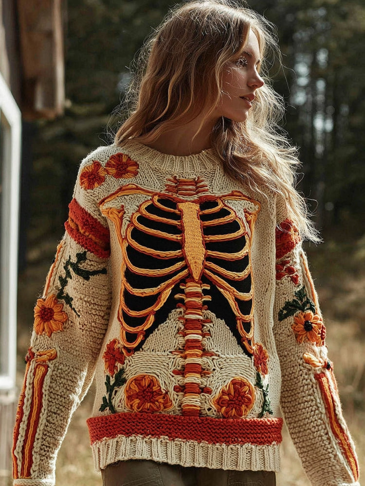 Vintage Halloween Anatomy With Floral Art Chunky Knitted Sweater 87f8