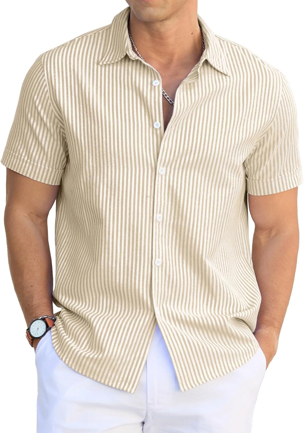 Men's Casual Button Down Shirts Short Sleeve Striped Cotton Beach Summer Vacation Shirt
