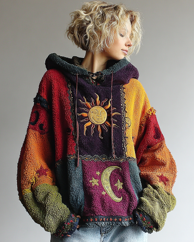 Women's Star and Moon 3D Embroidered Contrast Color Stitching Hooded Sweatshirt 8732