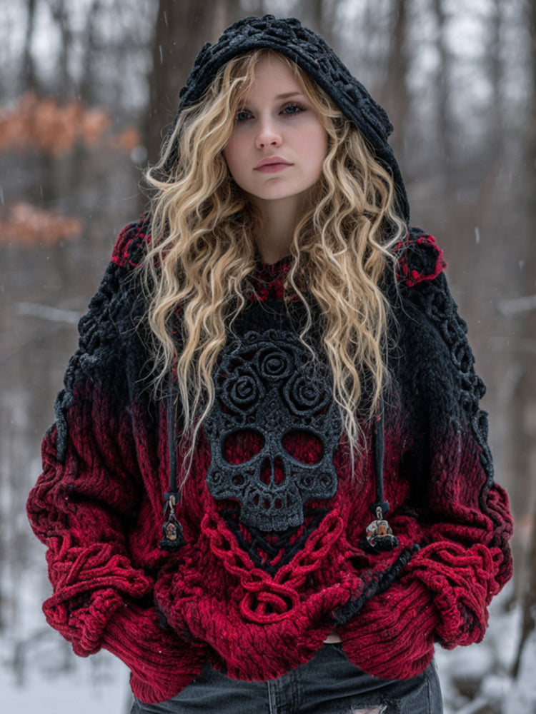 Women's Vintage Viking Tribal Celtic Skull Gradient Art Chunky Knit Hooded Sweater 9d09