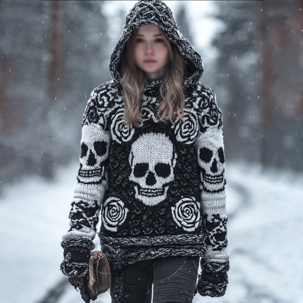 Women's Vintage Three-dimensional Skull Rose Black And White Warm Hooded Sweater 28d3