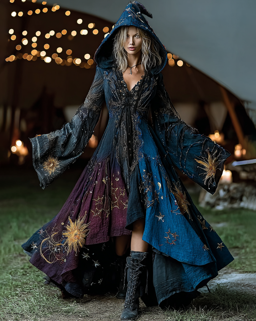 Star And Moon Themed Embroidery Gradient Hooded Witch Dress  4be7