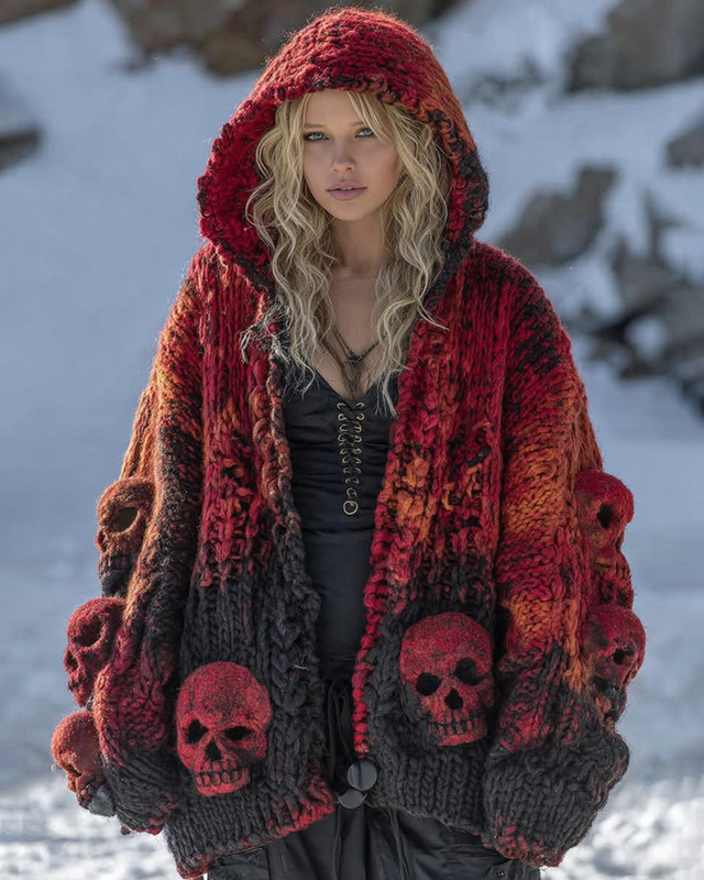 Halloween Themed Gradient Skull Embroidered Knitted Hooded Cardigan c4c6