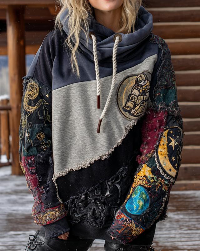 Autumn and Winter Star and Moon Patchwork Hooded Contrast Color Sweatshirt 1757
